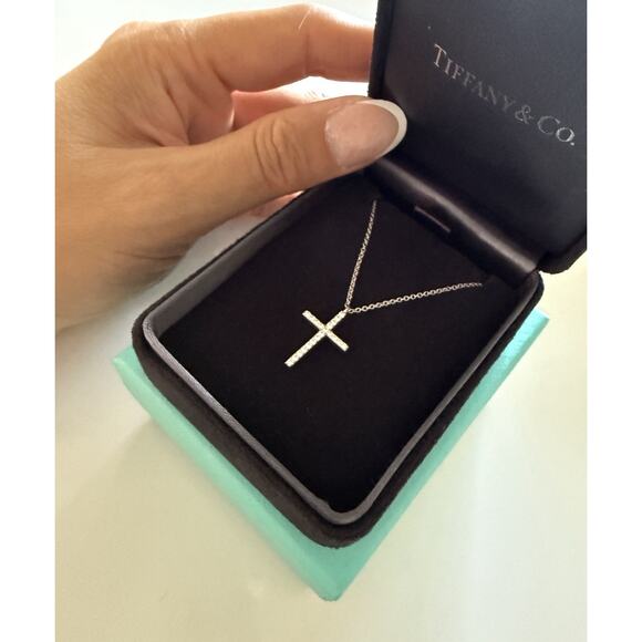 Tiffany & co. 18k White Gold Metro Cross Diamond Pendant Necklace 16” - Picture 9 of 10